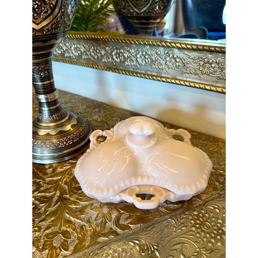 Vintage Pink Milk Glass Lidded‎ Divided Dish – Opaline Vanity or Candy Dish